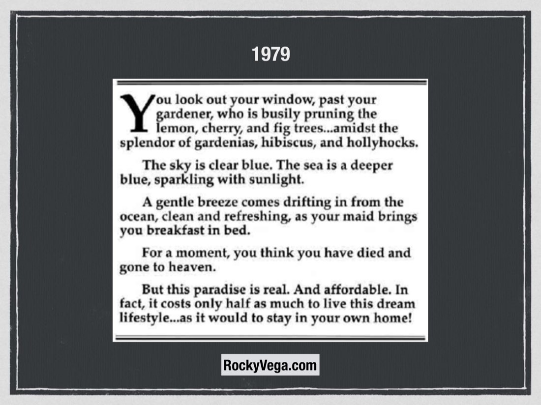Slide de 1979 com o trecho da carta original da International Living.
