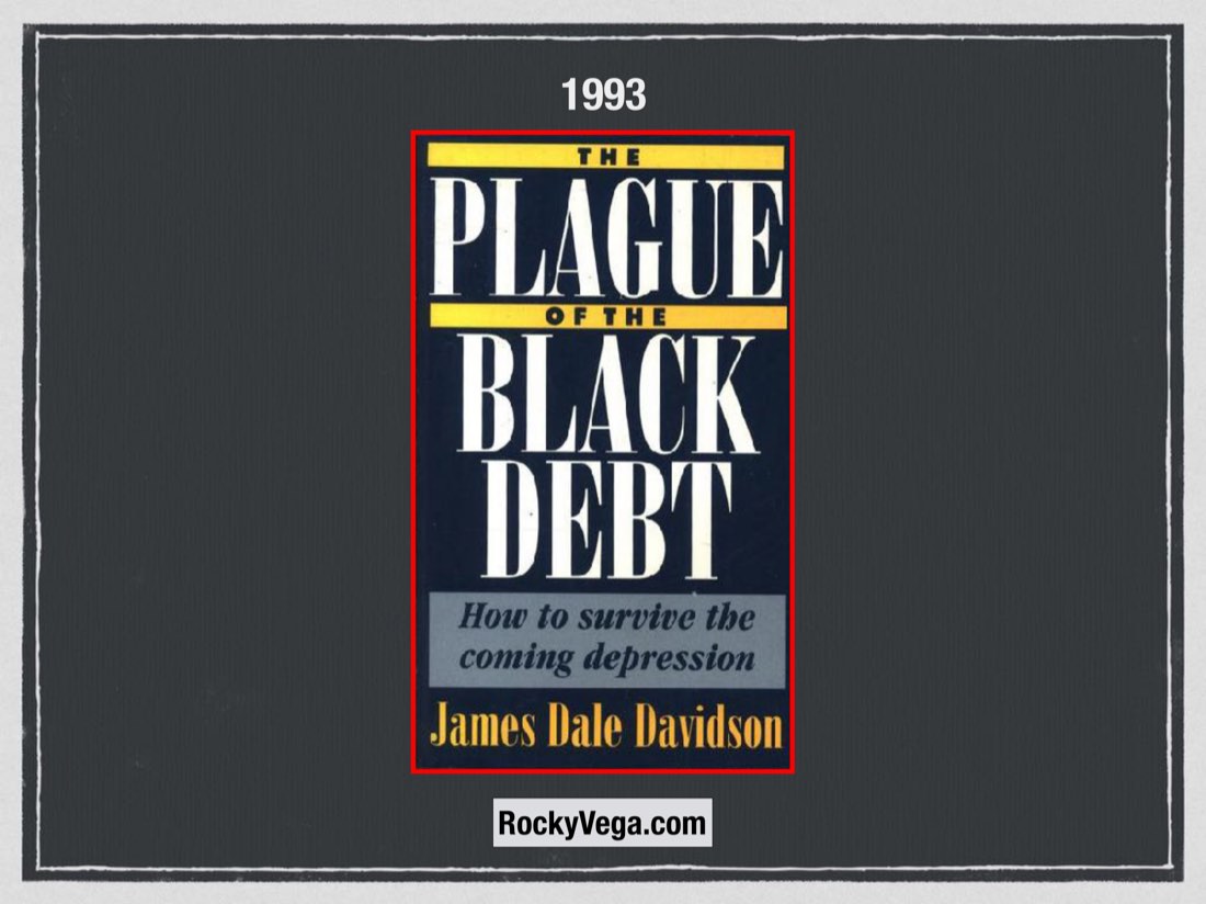 Slide de 1993 da palestra, com a capa de Plague of the Black Debt.