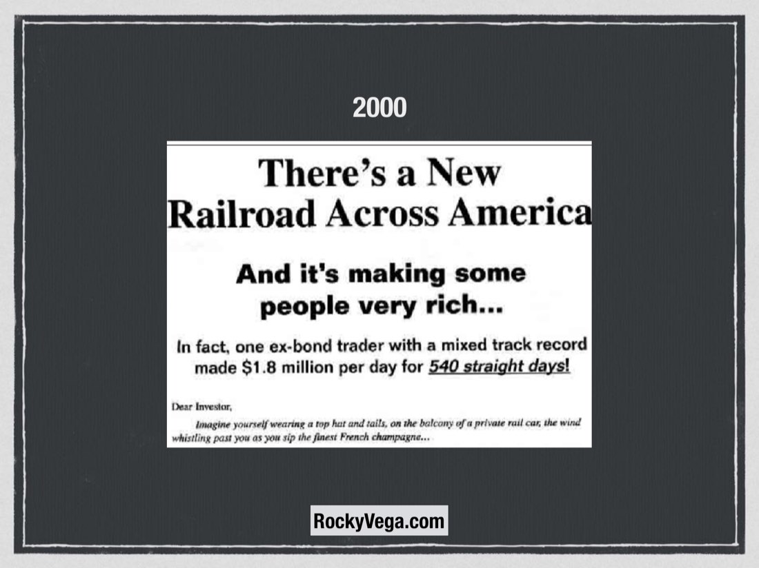 Slide de 2000 da palestra, com a capa de The New Railroad.