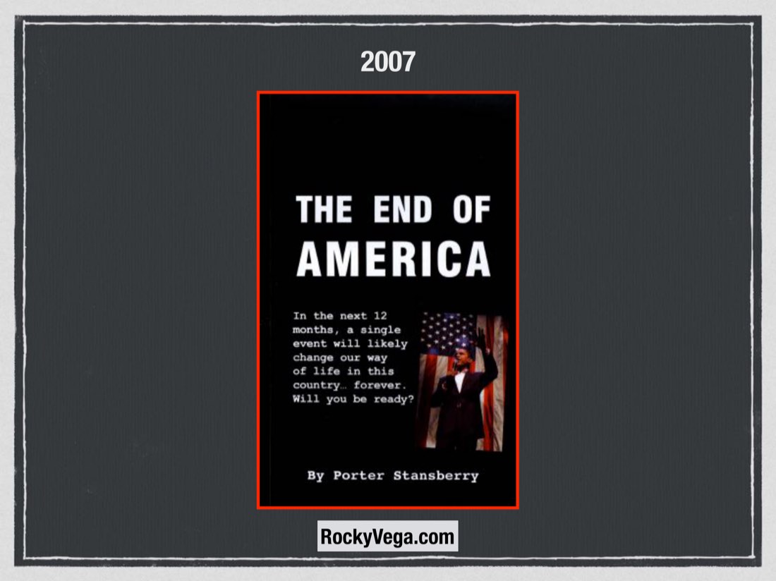 Slide de 2007 da palestra, com a capa de End of America.