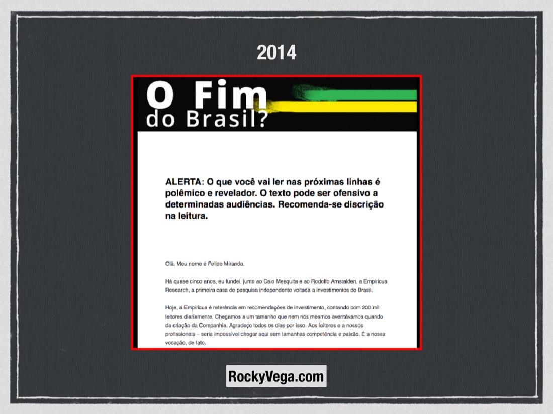 Slide de 2014 da palestra, com a capa de O Fim do Brasil?